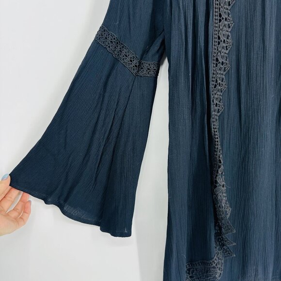 🔥SOLD🔥Moral Fiber Black Lace Scalloped Hem Open Front Flare Sleeve Cardigan  L - Picture 4 of 10